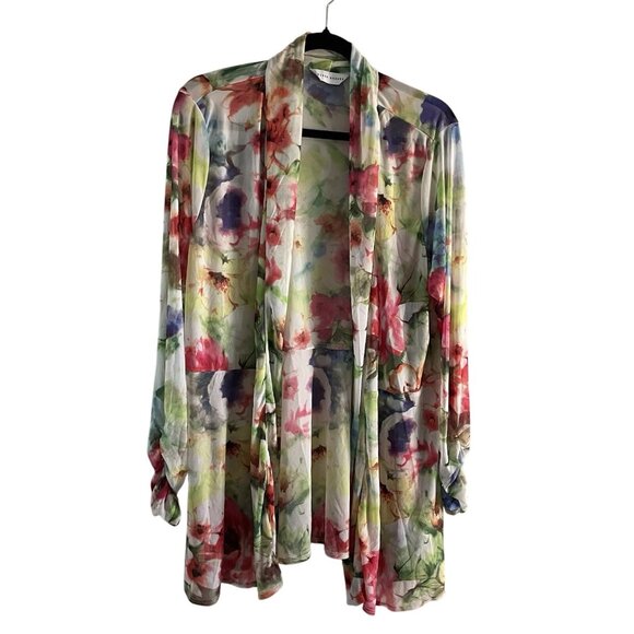 Susan Graver Women XL Bloom Floral Sheer Longline Open Front Mesh Cardigan - Picture 2 of 10